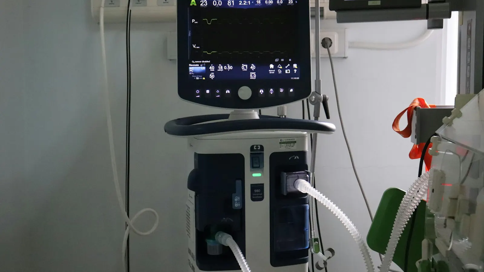 A ventilator with its breathing circuit attached